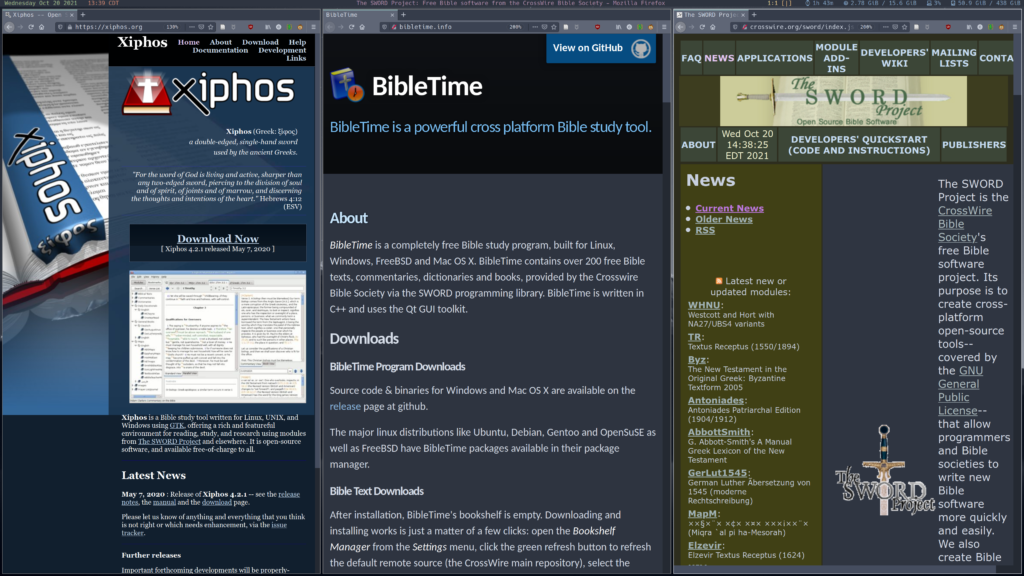 GUI Bible study tool websites: Xiphos, BibleTime, and the SWORD Project