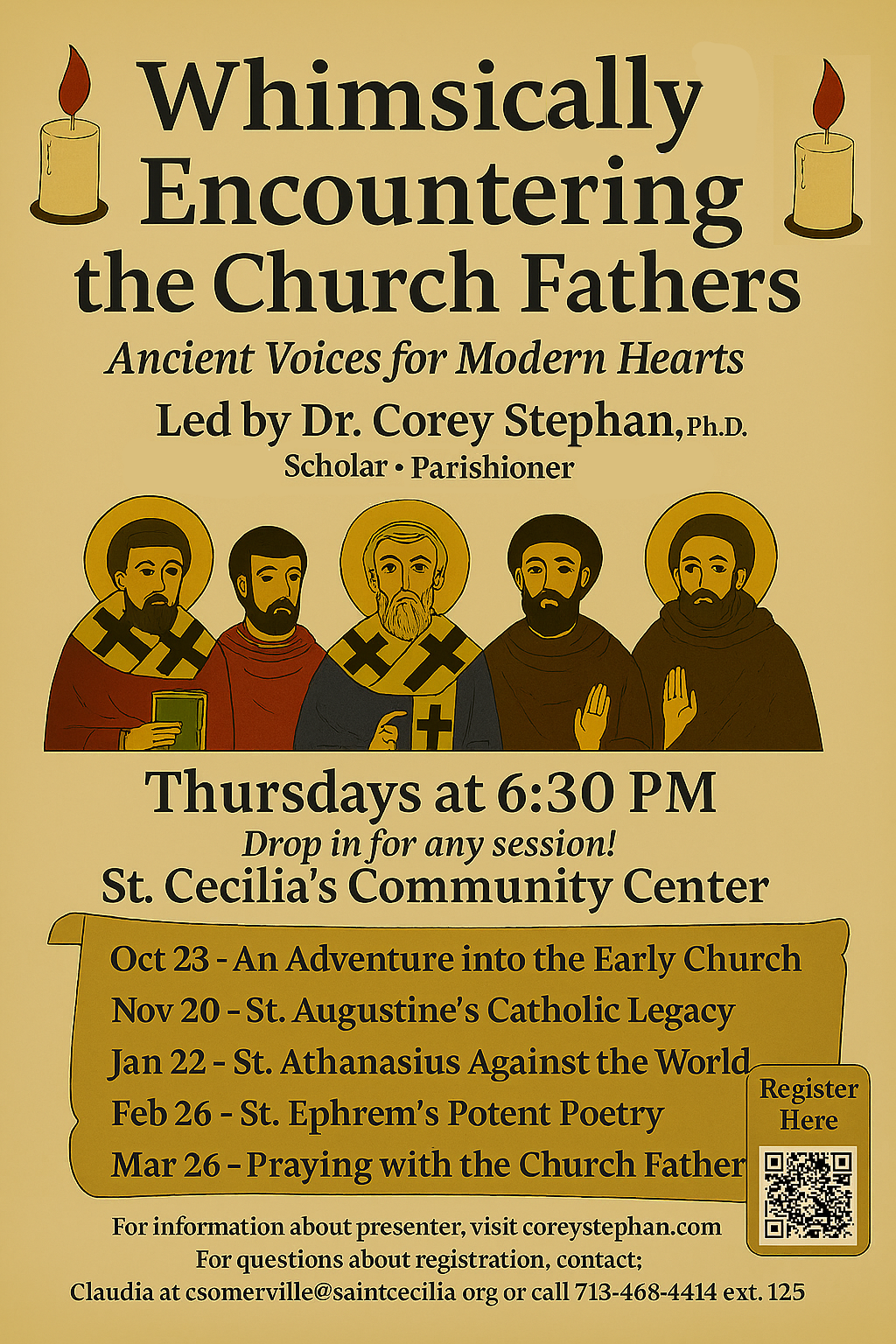 This yellow graphic shows the contact information to register to attend any or all of the lectures in the series.